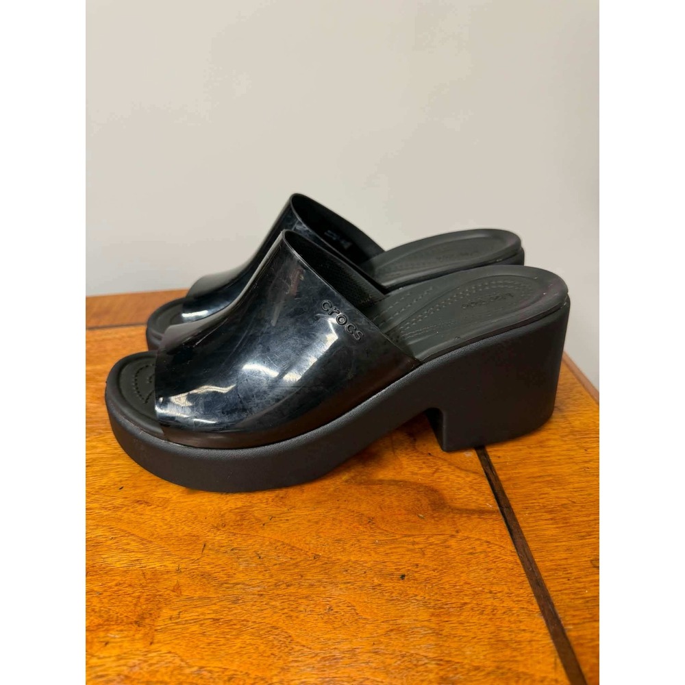 Crocs Women's 9 Brooklyn High Shine Heeled Mules Black Platform Wedge Slides
